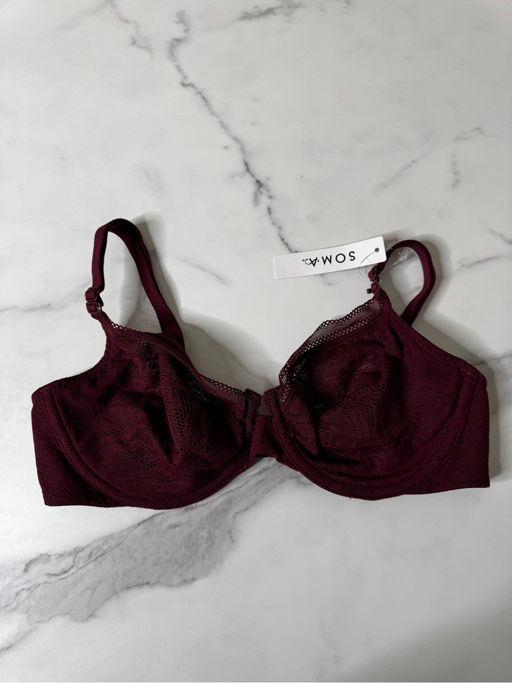 Soma Womens 34B Unlined Lace Underwire Bra Burgundy Adjustable Straps NWT